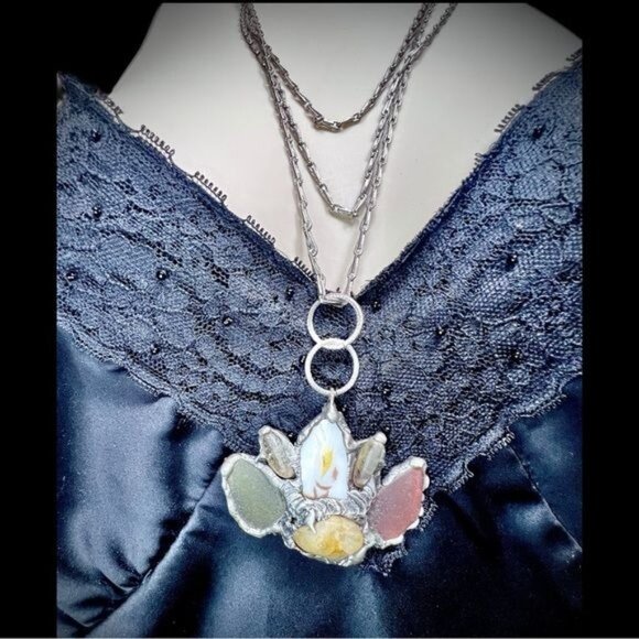 Citrine Sea Glass & China Pendant Silver Blend Metalwork & VNTG 3 Tier Necklace - Picture 4 of 12